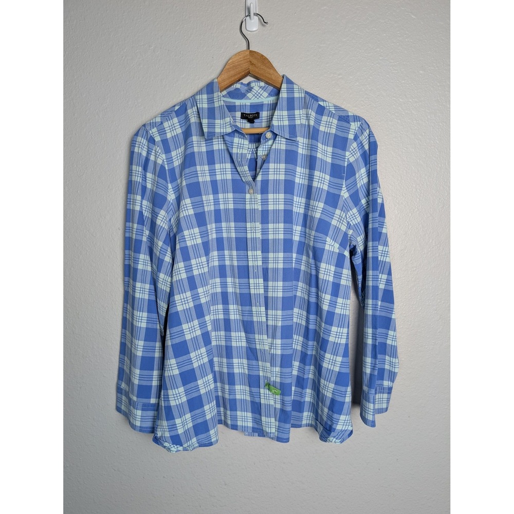 Talbots Shirt Womens PXL‎ Blue Plaid Button Up Long Sleeve 100% Cotton Top